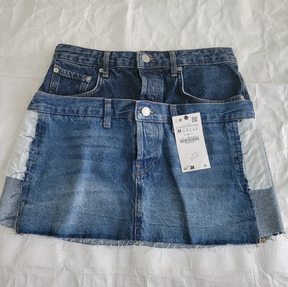 NWT Zara Double Denim Mini Skirt, Patch Work Distressed Blue Denim Skirt